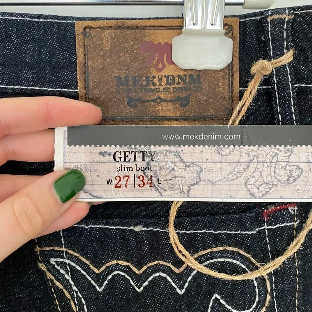 NWT Mek Denim Getty Slim Boot Dark Wash White Stitch Wide Leg Women’s Jeans - Picture 9 of 10